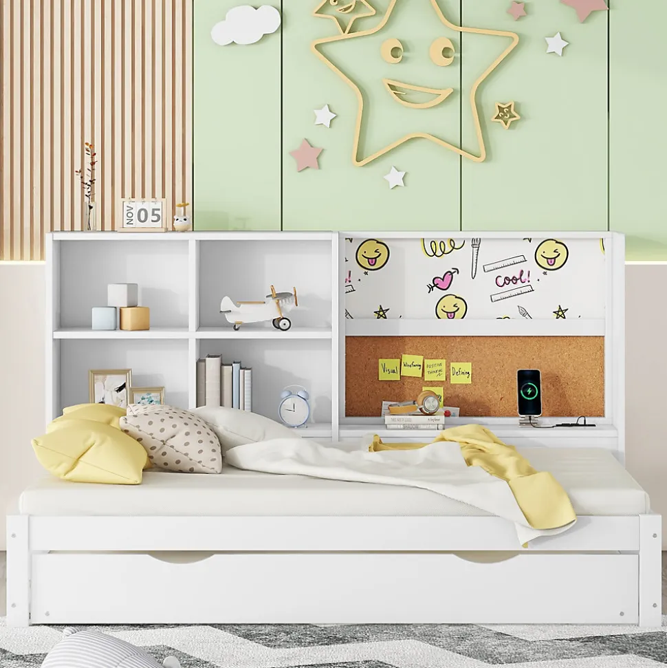 Lit Gigogne 90 x 200 cm - Lit enfant avec Port de Chargement USB et Rangement - Bois de Pin + MDF - Sans Matelas - Blanc