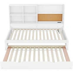 Lit Gigogne 90 x 200 cm - Lit enfant avec Port de Chargement USB et Rangement - Bois de Pin + MDF - Sans Matelas - Blanc