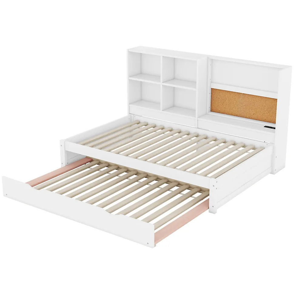 Lit Gigogne 90 x 200 cm - Lit enfant avec Port de Chargement USB et Rangement - Bois de Pin + MDF - Sans Matelas - Blanc