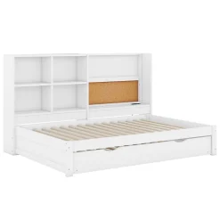Lit Gigogne 90 x 200 cm - Lit enfant avec Port de Chargement USB et Rangement - Bois de Pin + MDF - Sans Matelas - Blanc
