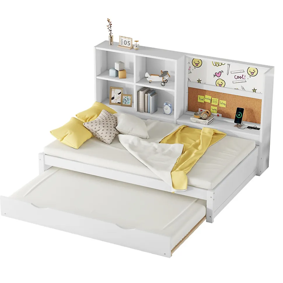 Lit Gigogne 90 x 200 cm - Lit enfant avec Port de Chargement USB et Rangement - Bois de Pin + MDF - Sans Matelas - Blanc