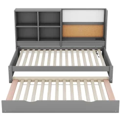 Lit Gigogne 90 x 200 cm - Lit enfant avec Port de Chargement USB et Rangement - Bois de Pin + MDF - Sans Matelas - Gris