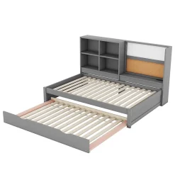 Lit Gigogne 90 x 200 cm - Lit enfant avec Port de Chargement USB et Rangement - Bois de Pin + MDF - Sans Matelas - Gris
