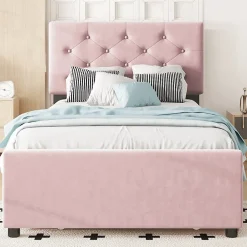 Lit Gigogne 90 x 200 cm - Lit Simple Rembourré avec Roulettes - Velours - Sans Matelas - Rose