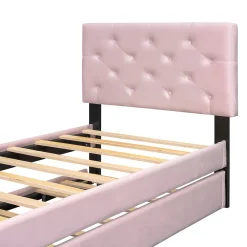 Lit Gigogne 90 x 200 cm - Lit Simple Rembourré avec Roulettes - Velours - Sans Matelas - Rose