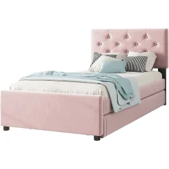 Lit Gigogne 90 x 200 cm - Lit Simple Rembourré avec Roulettes - Velours - Sans Matelas - Rose