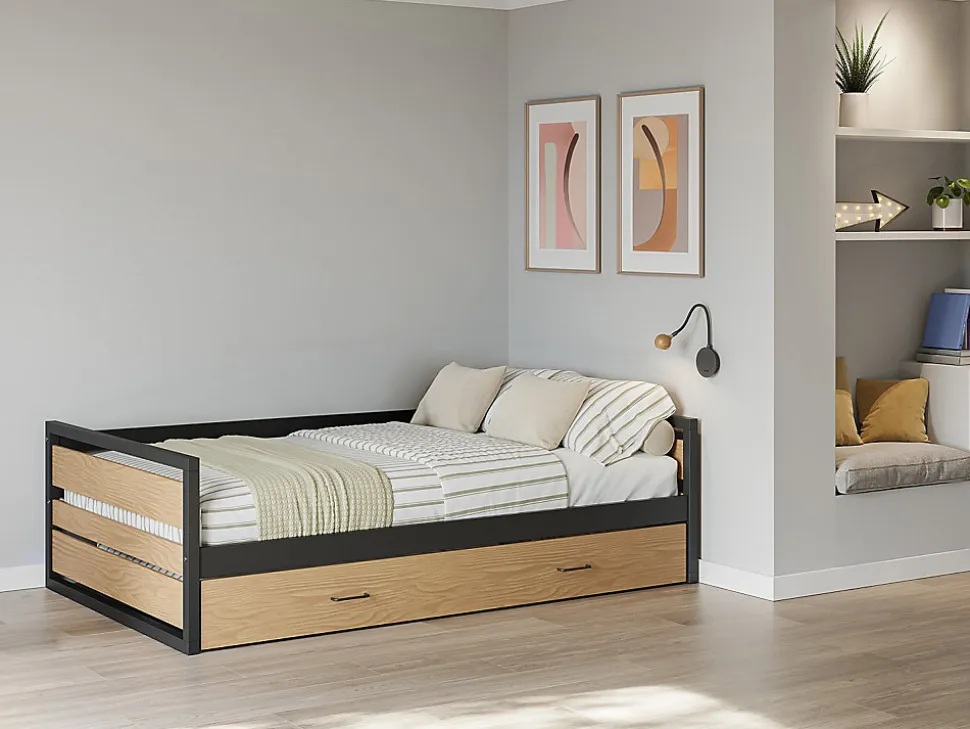Lit gigogne 120 x 200 et 90 x 200 cm - MDF, Pin et métal - Naturel et anthracite + Matelas - BOSTON