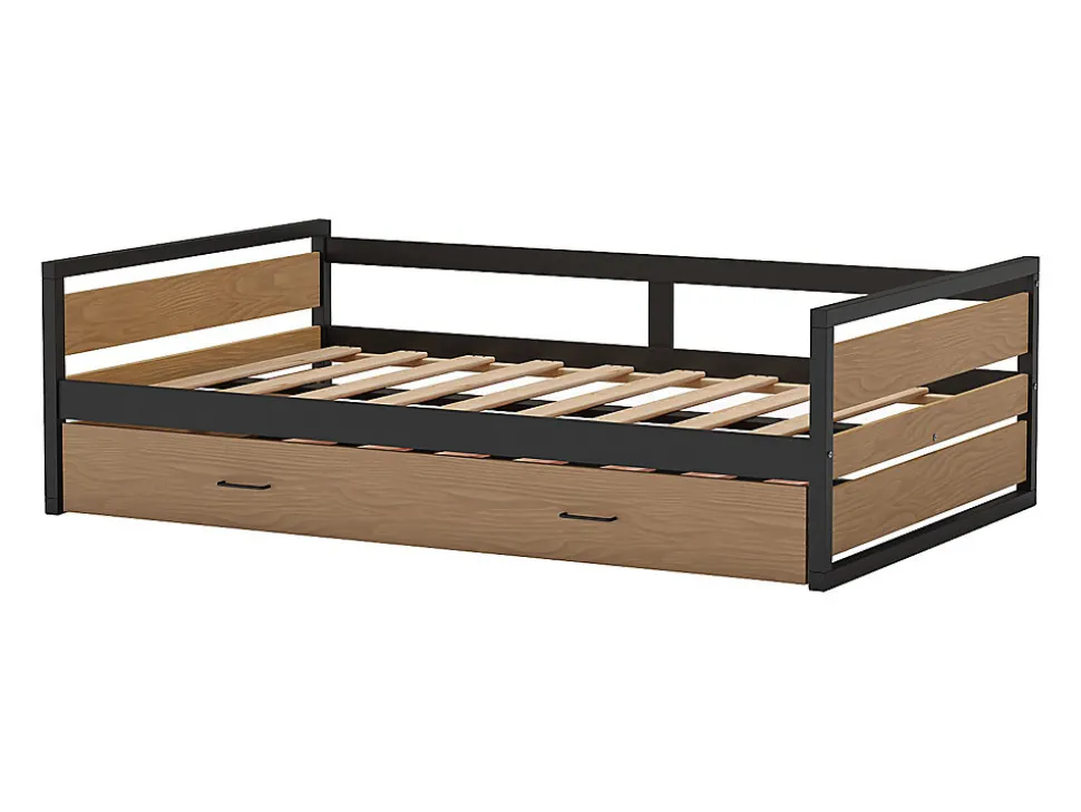 Lit gigogne 120 x 200 et 90 x 200 cm - MDF, Pin et métal - Naturel et anthracite + Matelas - BOSTON