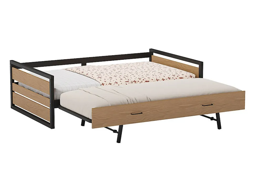 Lit gigogne 120 x 200 et 90 x 200 cm - MDF, Pin et métal - Naturel et anthracite + Matelas - BOSTON