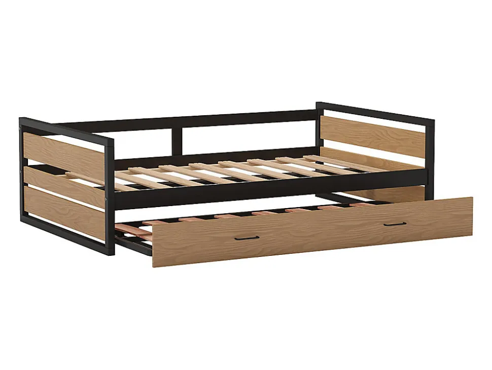 Lit gigogne 120 x 200 et 90 x 200 cm - MDF, Pin et métal - Naturel et anthracite + Matelas - BOSTON