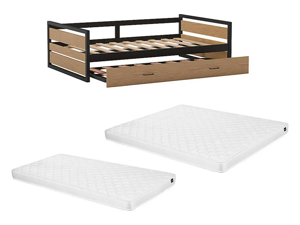Lit gigogne 120 x 200 et 90 x 200 cm - MDF, Pin et métal - Naturel et anthracite + Matelas - BOSTON