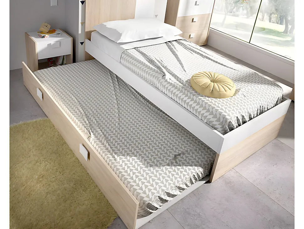 Lit gigogne 2 x 90 x 190 cm - Coloris : Naturel et blanc - SONIA
