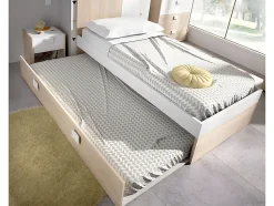 Lit gigogne 2 x 90 x 190 cm - Coloris : Naturel et blanc + matelas + sommier - SONIA