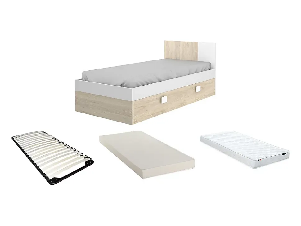 Lit gigogne 2 x 90 x 190 cm - Coloris : Naturel et blanc + matelas + sommier - SONIA