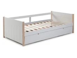 Lit gigogne 2 x 90 x 190 cm - MDF, pin et métal - Blanc et naturel - MAREKI