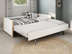 Lit gigogne 2 x 90 x 190 cm - MDF, pin et métal - Blanc et naturel - MAREKI