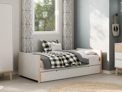 Lit gigogne 2 x 90 x 190 cm - MDF, pin et métal - Blanc et naturel - MAREKI