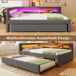 Lit Gigogne Ado 140x200 cm - avec Sommier Coulissant, Bande LED et Ports USB Type-C, Matériaux Lin et MDF, sans Matelas, Gris