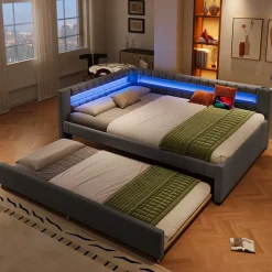 Lit Gigogne Ado 140x200 cm - avec Sommier Coulissant, Bande LED et Ports USB Type-C, Matériaux Lin et MDF, sans Matelas, Gris