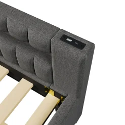 Lit Gigogne Ado 140x200 cm - avec Sommier Coulissant, Bande LED et Ports USB Type-C, Matériaux Lin et MDF, sans Matelas, Gris