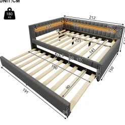 Lit Gigogne Ado 140x200 cm - avec Sommier Coulissant, Bande LED et Ports USB Type-C, Matériaux Lin et MDF, sans Matelas, Gris