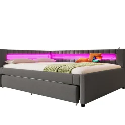 Lit Gigogne Ado 140x200 cm - avec Sommier Coulissant, Bande LED et Ports USB Type-C, Matériaux Lin et MDF, sans Matelas, Gris