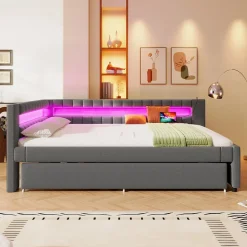Lit Gigogne Ado 140x200 cm - avec Sommier Coulissant, Bande LED et Ports USB Type-C, Matériaux Lin et MDF, sans Matelas, Gris
