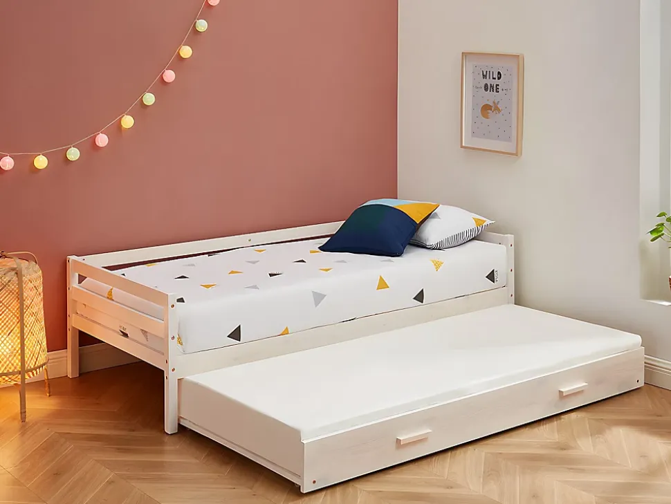 Lit gigogne AEDAN II - 2 x 90 x 190 cm - Pin massif et MDF - Blanchi