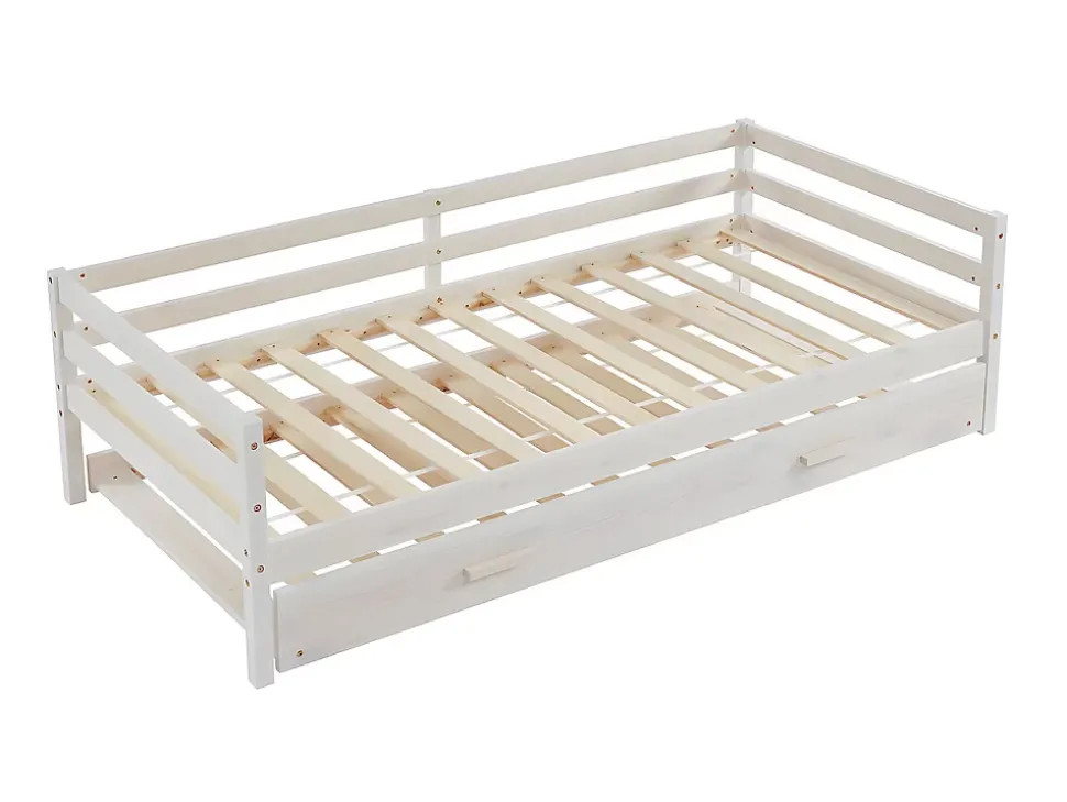 Lit gigogne AEDAN II - 2 x 90 x 190 cm - Pin massif et MDF - Blanchi + matelas