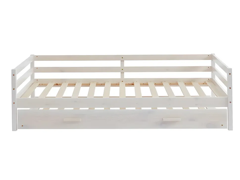 Lit gigogne AEDAN II - 2 x 90 x 190 cm - Pin massif et MDF - Blanchi + matelas