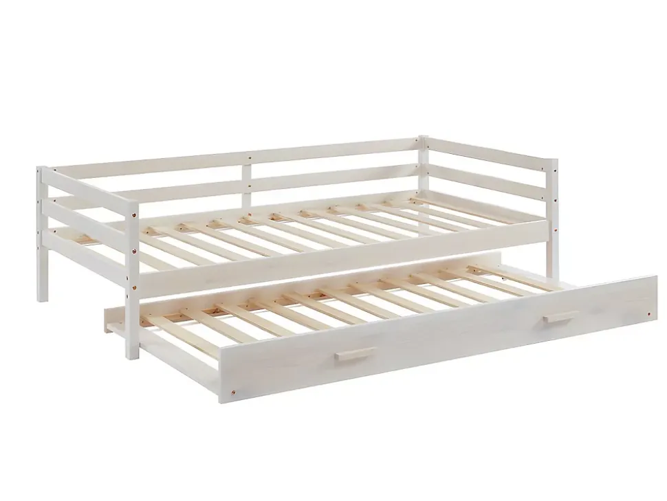 Lit gigogne AEDAN II - 2 x 90 x 190 cm - Pin massif et MDF - Blanchi + matelas