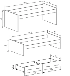 Lit gigogne avec 2 tiroirs coloris chêne Mauvella - Longueur 195,20 x profondeur 98 x hauteur 48,50 cm