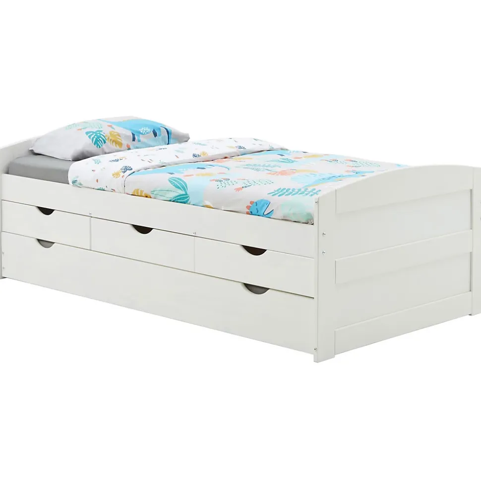 Lit gigogne avec rangements JESSY, 90 x 190 cm en pin massif lasuré blanc