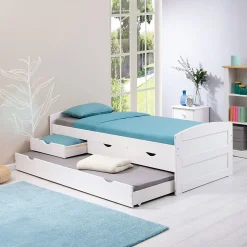 Lit gigogne avec rangements JESSY, 90 x 190 cm en pin massif lasuré blanc