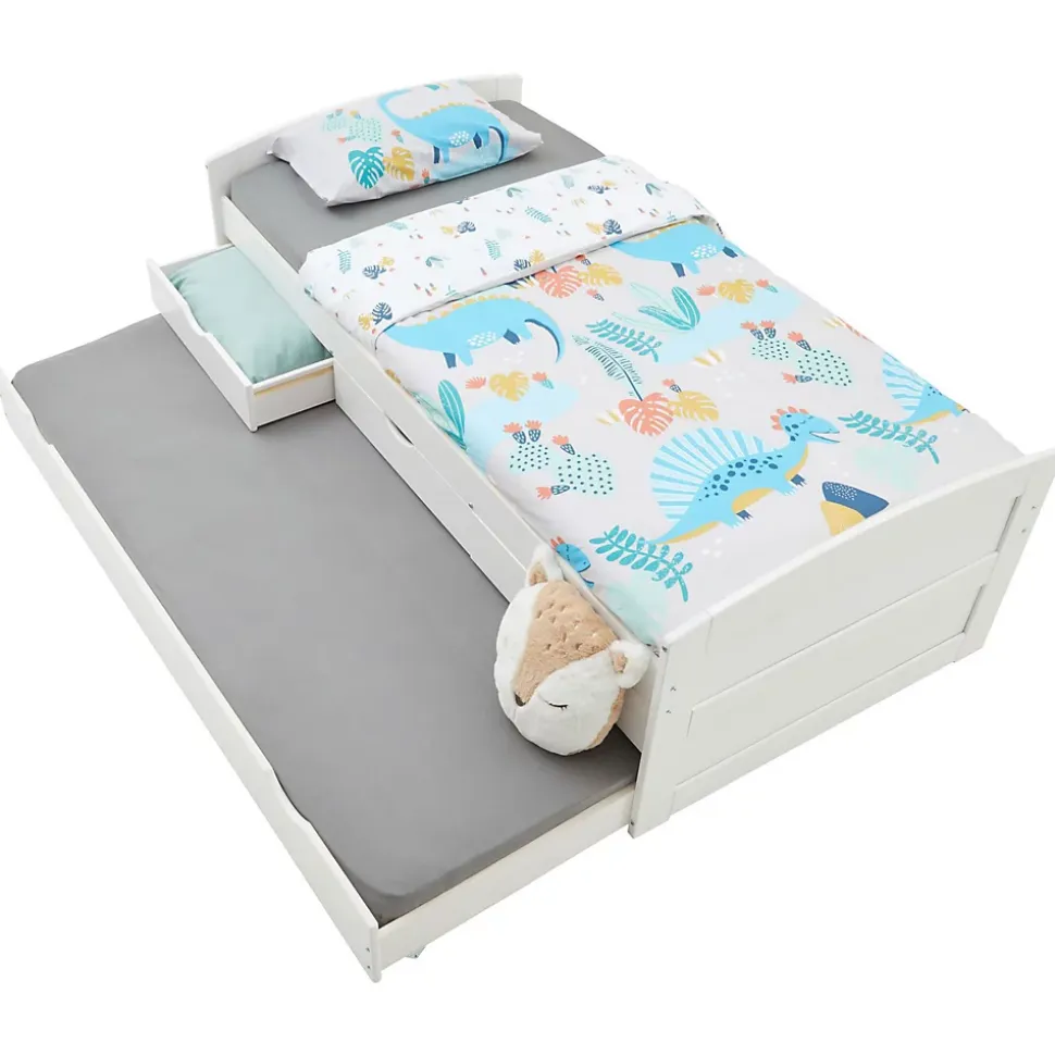 Lit gigogne avec rangements JESSY, 90 x 190 cm en pin massif lasuré blanc