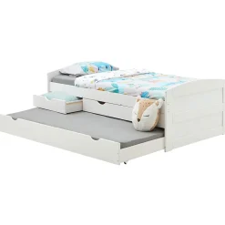 Lit gigogne avec rangements JESSY, 90 x 190 cm en pin massif lasuré blanc