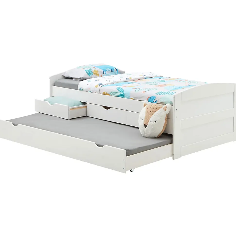 Lit gigogne avec rangements JESSY, 90 x 190 cm en pin massif lasuré blanc
