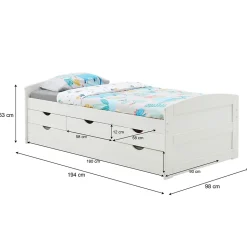 Lit gigogne avec rangements JESSY, 90 x 190 cm en pin massif lasuré blanc