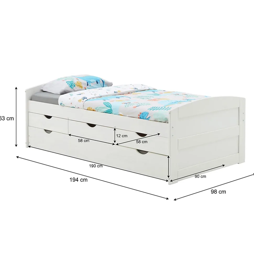 Lit gigogne avec rangements JESSY, 90 x 190 cm en pin massif lasuré blanc