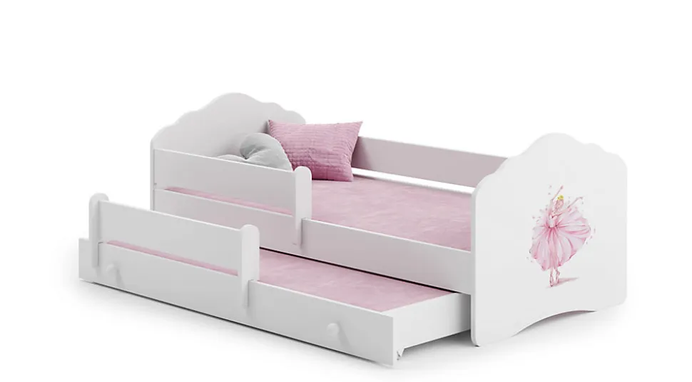 Lit gigogne blanc FIONA avec sommier et matelas - Princesse rose - 2 x 160 cm x 80 cm