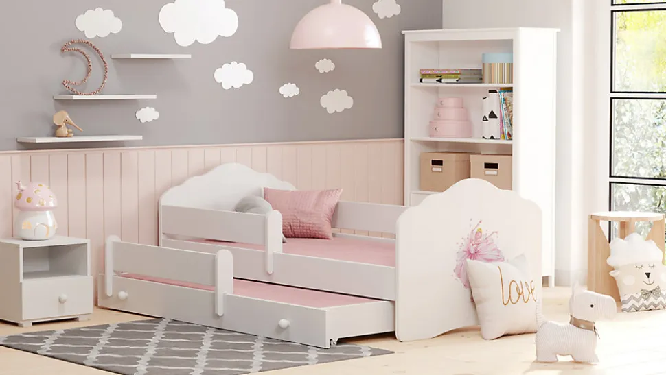 Lit gigogne blanc FIONA avec sommier et matelas - Princesse rose - 2 x 160 cm x 80 cm