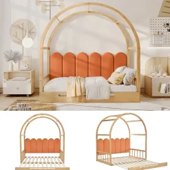 Lit gigogne cabane enfant 140x200 cm avec toit arqué et coussins en velours - pin massif naturel et orange