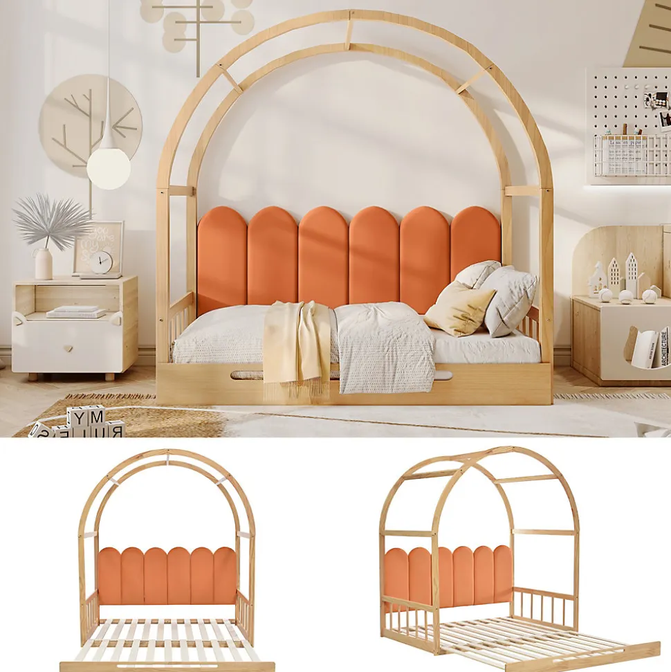 Lit gigogne cabane enfant 140x200 cm avec toit arqué et coussins en velours - pin massif naturel et orange
