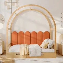 Lit gigogne cabane enfant 140x200 cm avec toit arqué et coussins en velours - pin massif naturel et orange