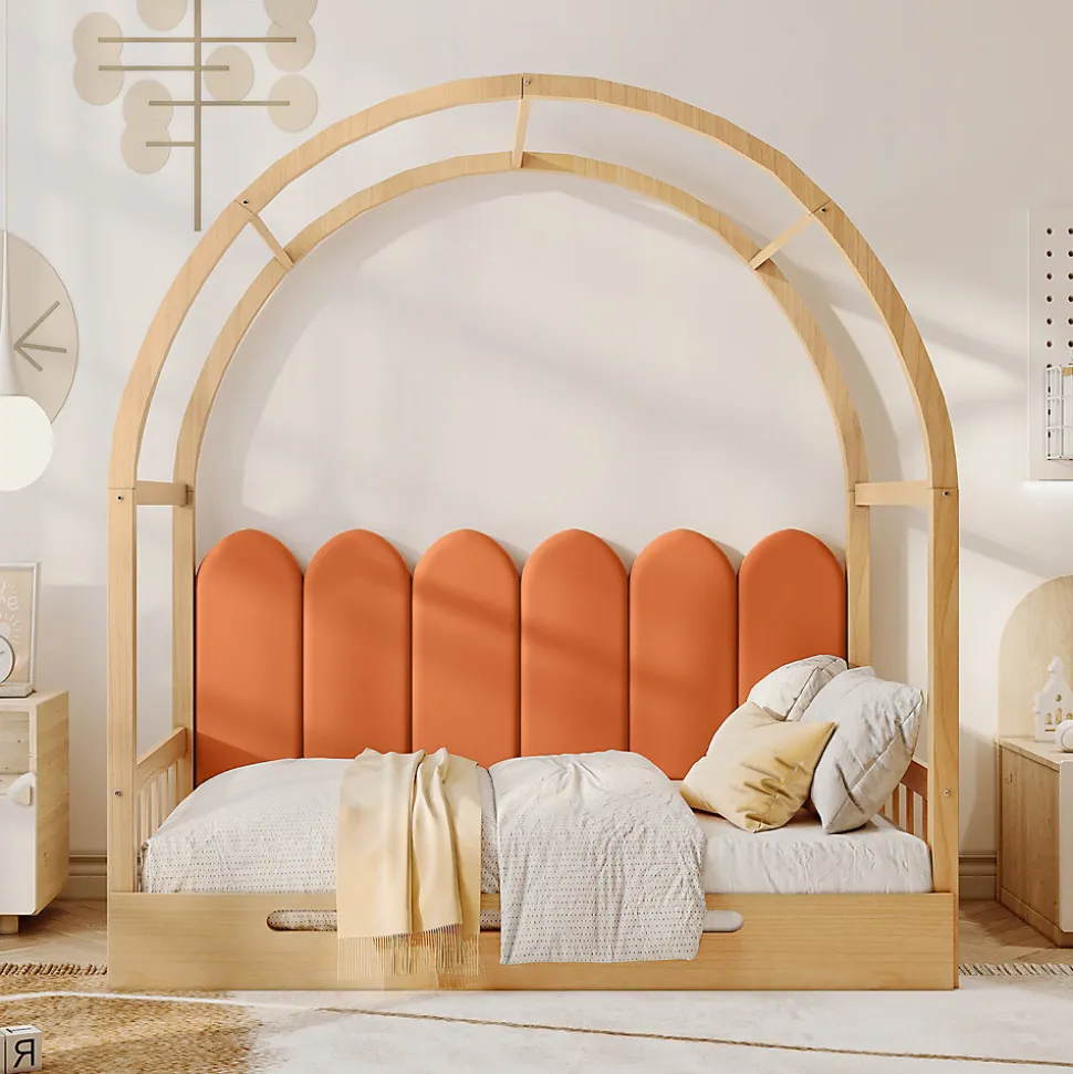 Lit gigogne cabane enfant 140x200 cm avec toit arqué et coussins en velours - pin massif naturel et orange