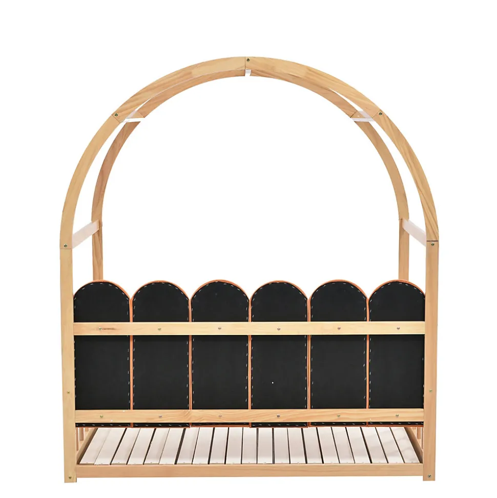 Lit gigogne cabane enfant 140x200 cm avec toit arqué et coussins en velours - pin massif naturel et orange