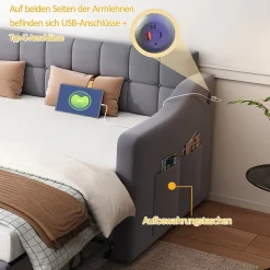 Lit Gigogne Capitonné 2-en-1 90/180x190 cm avec Rangement et Prise USB, Lit Convertible en Velours, Gris