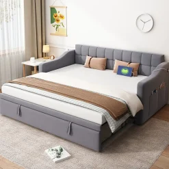 Lit Gigogne Capitonné 2-en-1 90/180x190 cm avec Rangement et Prise USB, Lit Convertible en Velours, Gris