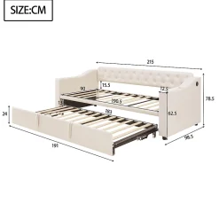Lit Gigogne Capitonné 90x190 cm en Velours avec Rangement et Prise USB, Lit Multifonction Convertible 90/180 cm, Beige
