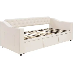 Lit Gigogne Capitonné 90x190 cm en Velours avec Rangement et Prise USB, Lit Multifonction Convertible 90/180 cm, Beige